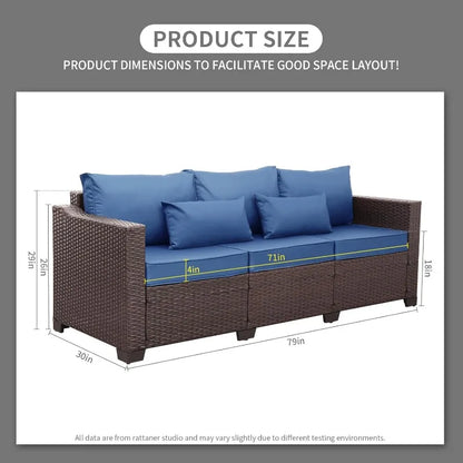 3-Seat Patio Wicker Sofa, Outdoor Rattan Couch Furniture Steel Frame with Furniture Cover and Deep Seat High Back, Blue