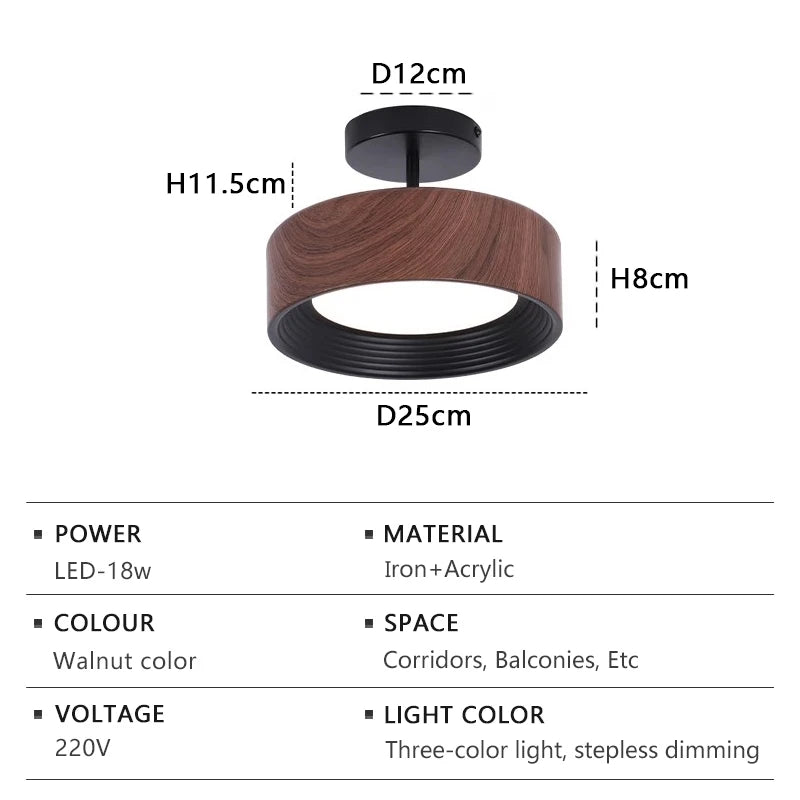 Nordic LED Ceiling Light Circular Walnut Wood Grain Aisle Light Dressing Room Corridor Balcony Decoration Indoor Ceiling Lamp