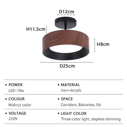 Nordic LED Ceiling Light Circular Walnut Wood Grain Aisle Light Dressing Room Corridor Balcony Decoration Indoor Ceiling Lamp