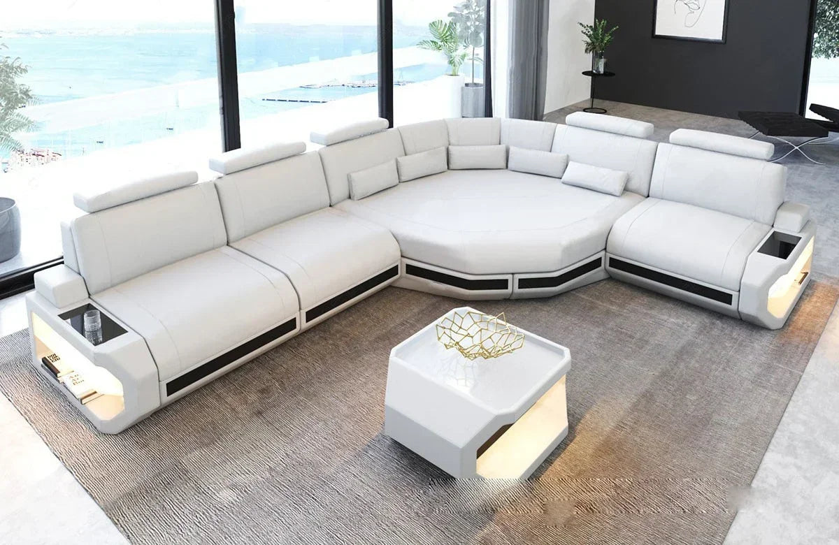 Modern Living Room Furniture L Shape Corner LED Leather Sofa with app control