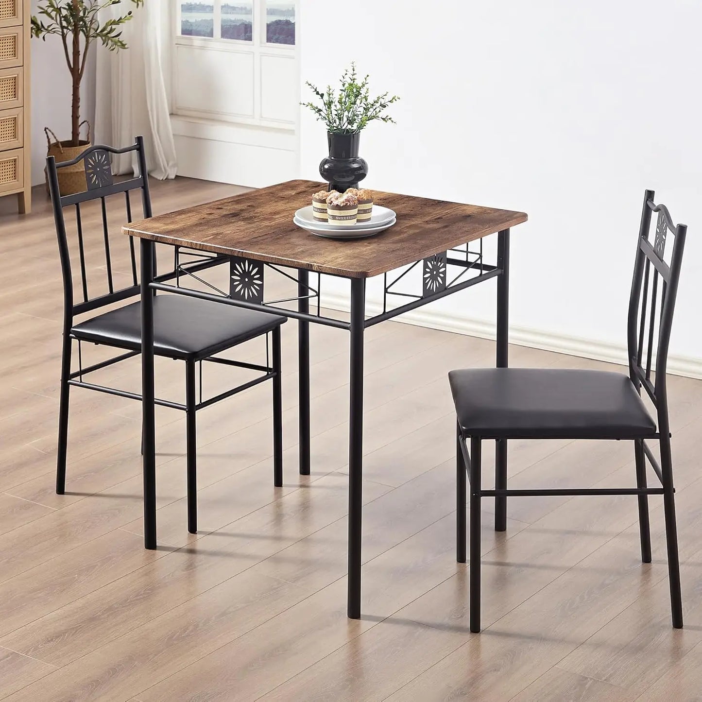 Compact 3-Piece Dining Table Set for Two with PU Padded Chairs, Retro Brown - Space-Saving Kitchen Furniture