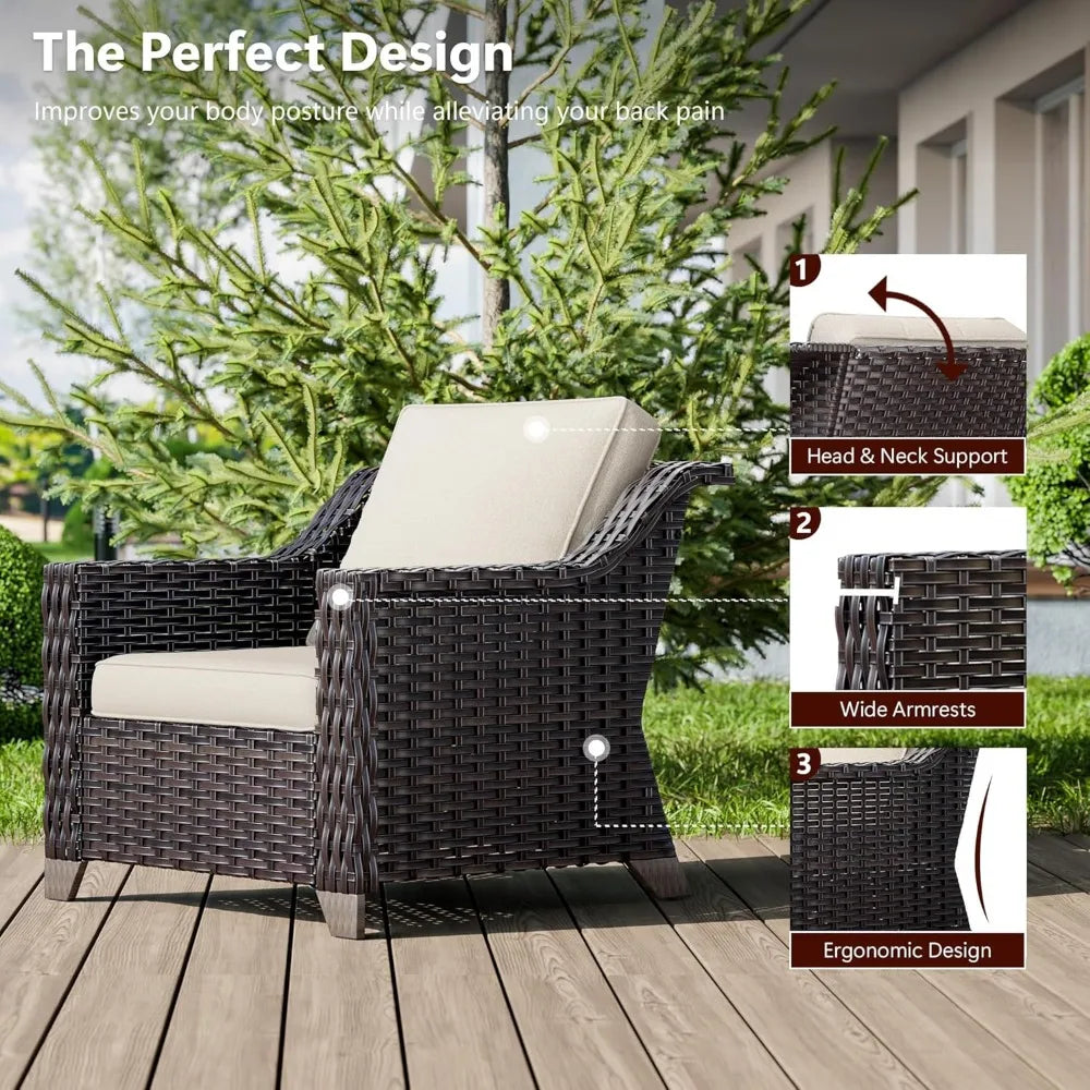 Wicker Patio Furniture, Luxury Outdoor Furniture with  Patio Rattan Chair, 2 Patio Ottoman, Wide Armrest, Thickened Cushions