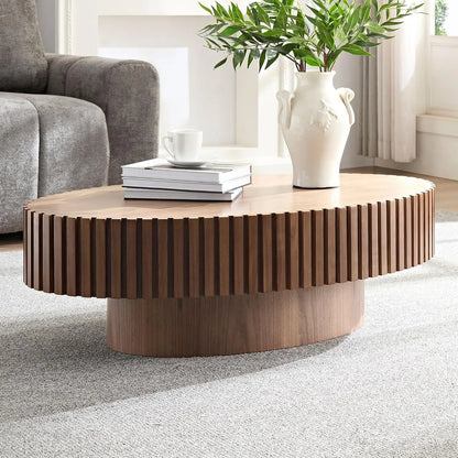 Contemporary Circle Fluted Drum Design Walnut Oval Coffee Table Modern Wood Coffee Table for Living Room(43.7'' x24.8''x13.38'')