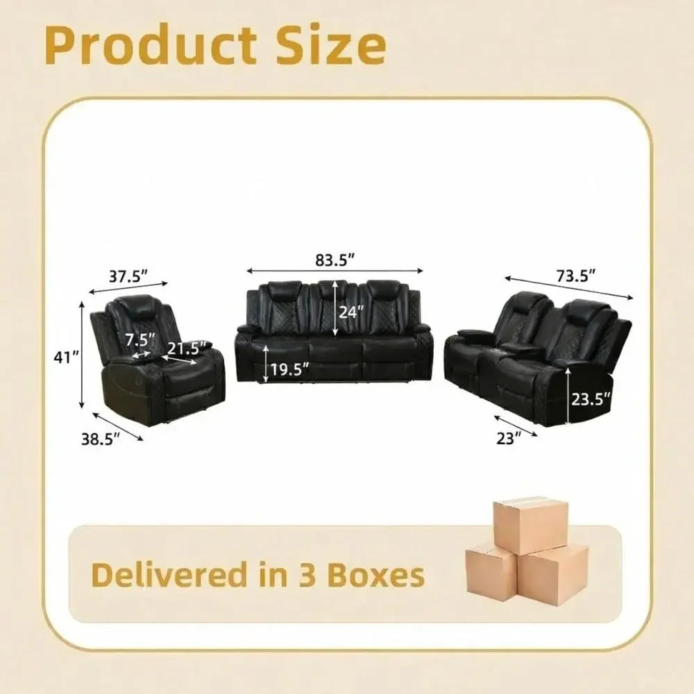 3-Piece Power Reclining Sectional Sofa with LED Lights, Air Leather Recliner with USB Port and Storage, Black Living Room Furnit