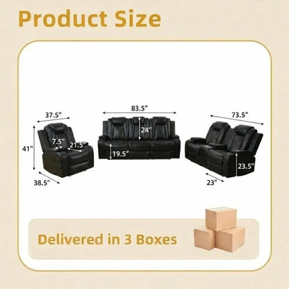 3-Piece Power Reclining Sectional Sofa with LED Lights, Air Leather Recliner with USB Port and Storage, Black Living Room Furnit