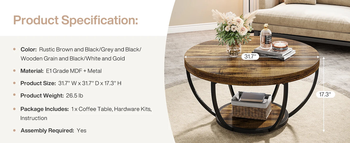 Tribesigns 31.7" Round Coffee Table, Industrial 2-Tier Circle Coffee Table with Storage Shelves, Modern Wooden Sofa Side Table