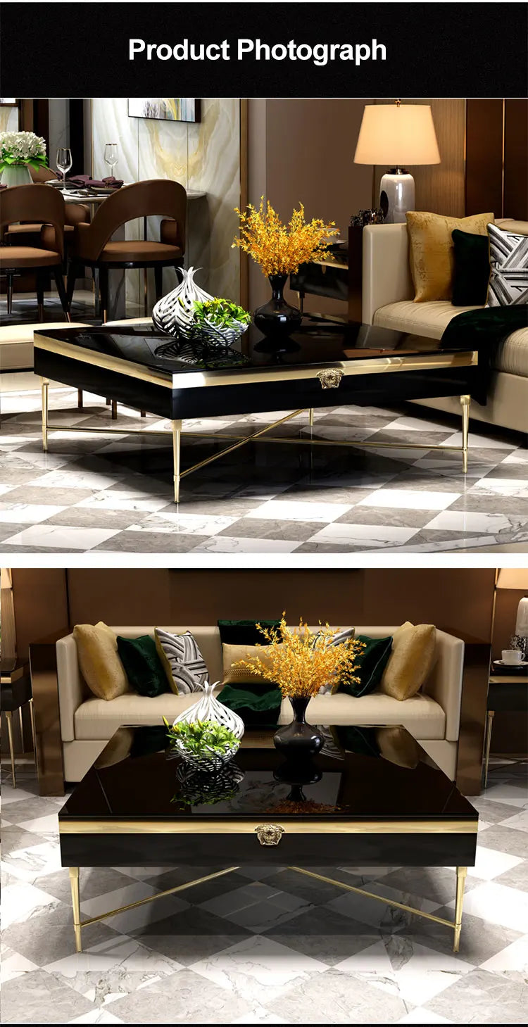 Luxury modern Italian design black glass stainless steel high-grade metal coffee table living room furniture gold coffee table