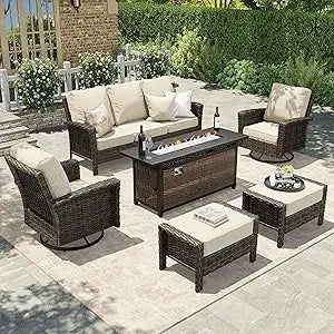 Rattan Outdoor Furniture Set, 6-piece Outdoor Deep-seated Leisure Set, Including Brazier Table and Footstool