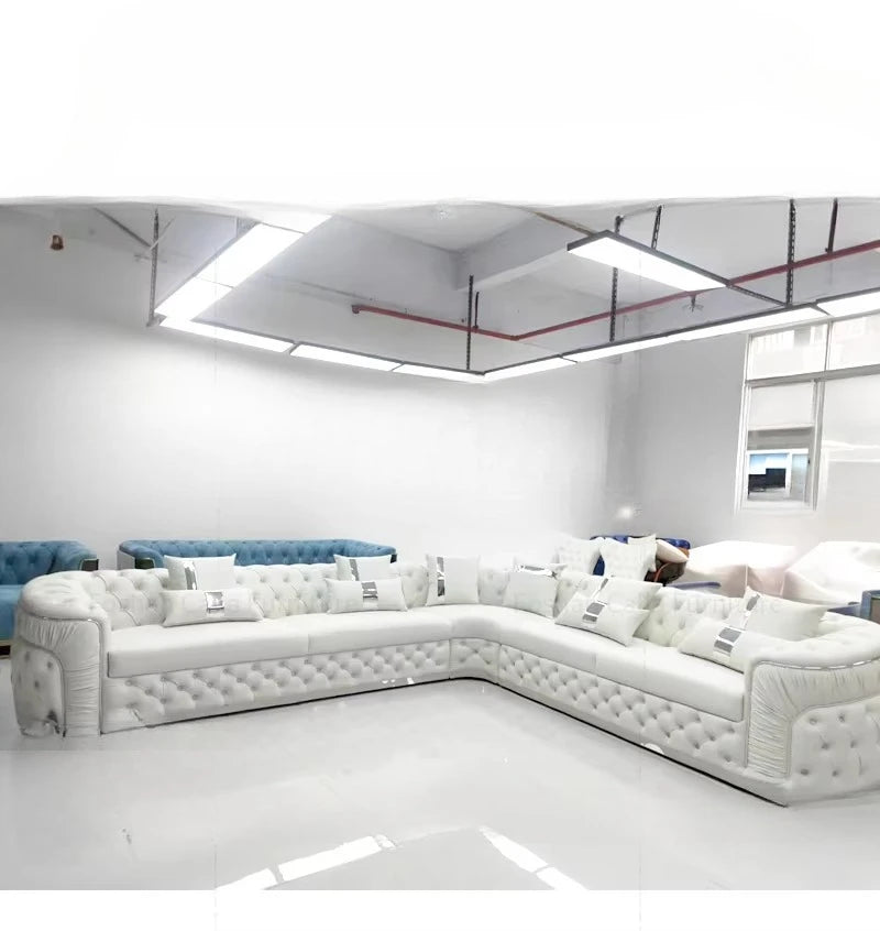 Factory direct sales European luxury rose gold legs white chesterfield sofa velvet fabric button tufted living room sofa