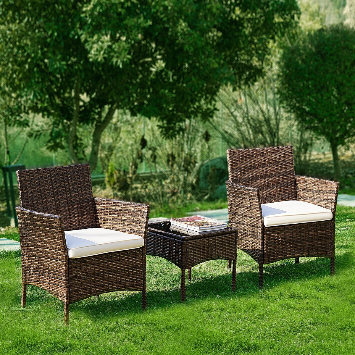 Best-Selling Outdoor Patio Furniture Set 3 Pieces with Soft Cushion and Glass Table Manual Weaving Wicker Rattan Patio Chairs