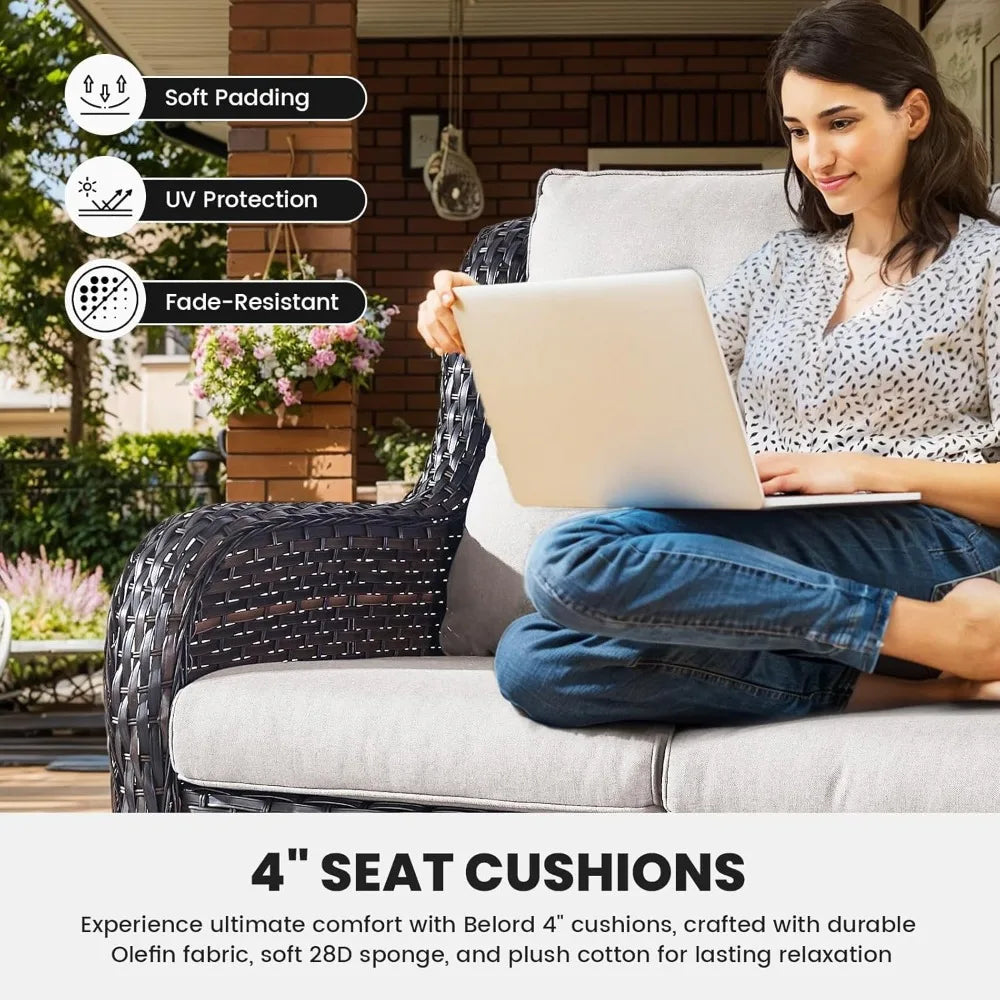 outdoor patio furniture set: 4-piece wicker loveseat, sofa, and chairs with coffee table