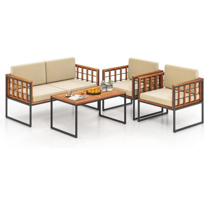 Acacia Wood Outdoor Sofa Set, 4 Pieces Outdoor Furniture Set with Heavy Duty Metal Frame, Soft Seat & Back Cushions, for Balcon