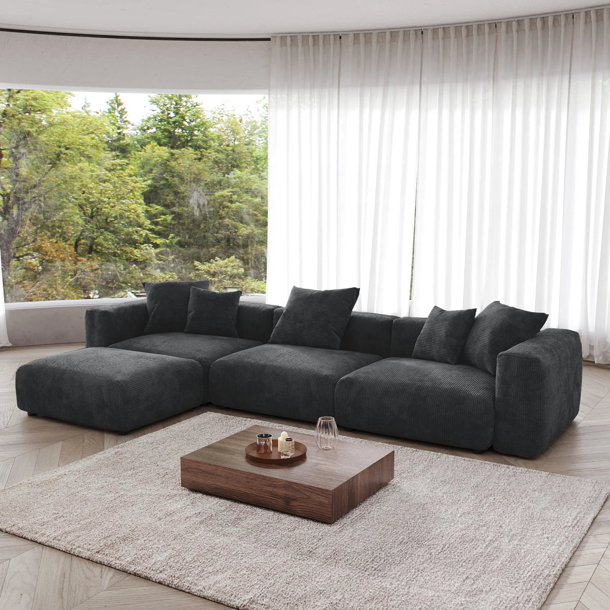 Sdorens 141.73'' L Shape Sectional Sofa Corduroy Fabric Couches Oversized 3 Seater Couch with 1 Ottomans for Living Room Set