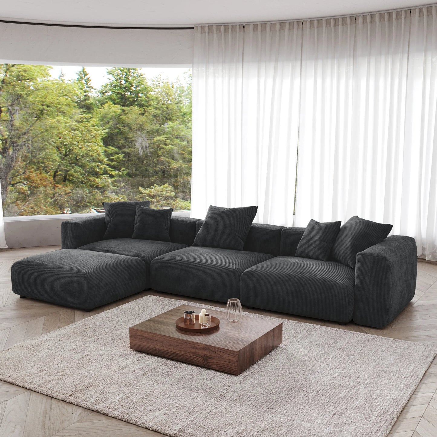 Sdorens 141.73'' L Shape Sectional Sofa Corduroy Fabric Couches Oversized 3 Seater Couch with 1 Ottomans for Living Room Set