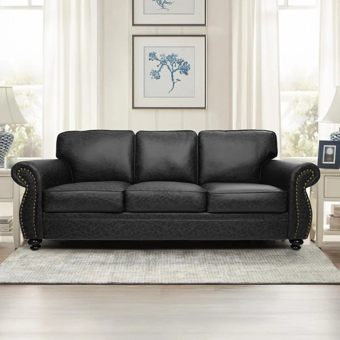 Mid-Century Vintage 3-Seater Sofa Couches Rivet Design Removable Cover Upholstered Cushions Customized Living Room Furniture