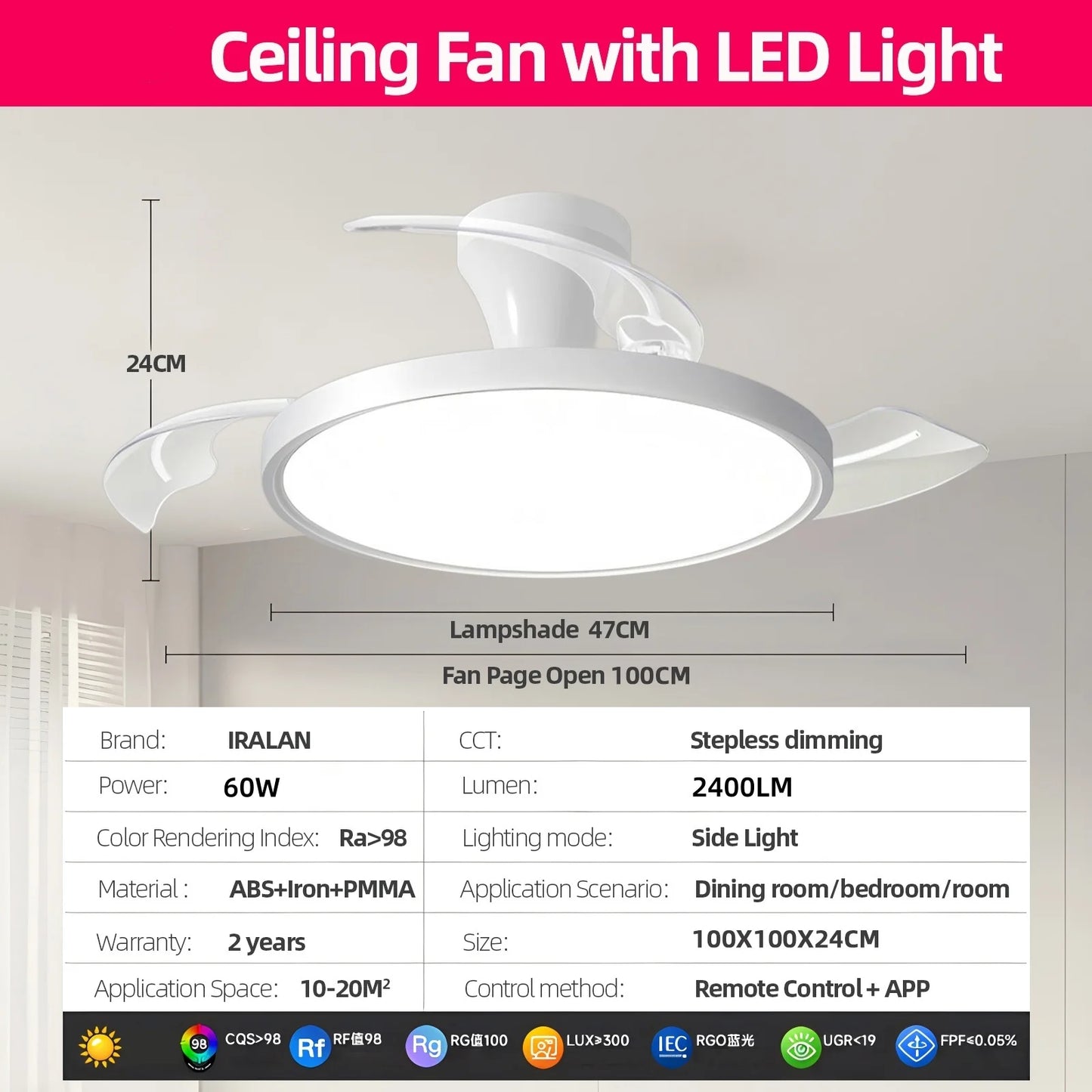 Modern Ceiling Fan Sealing Fan Led Lighting Silent Invisible Blade Lamps Suitable for Living Room Dining Room Study Kitchen