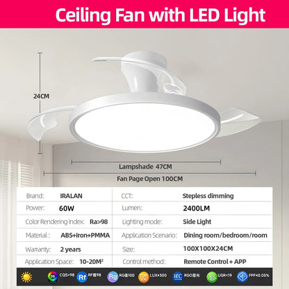 Modern Ceiling Fan Sealing Fan Led Lighting Silent Invisible Blade Lamps Suitable for Living Room Dining Room Study Kitchen