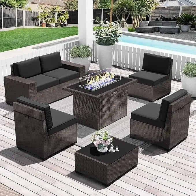 7-Piece Outdoor Patio Furniture with 44-inch Fire Pit Table Rattan Sectional Sofa Conversation Set