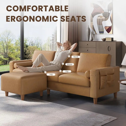 100 Faux Leather Couch with Movable Ottoman, 3 Seater L Shaped PU Leather Sofa with Side Pocket, Comfy Mid Century Mod