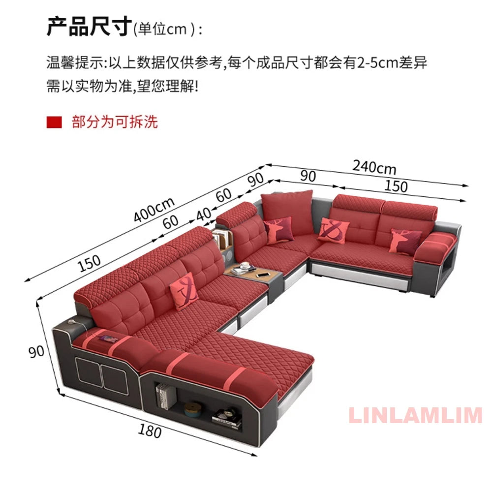 MANBAS Modern U-Shaped Fabric Sectional Sofa with Storage, Adjustable Headrests & USB Charging - Comfortable Quilted Upholstery