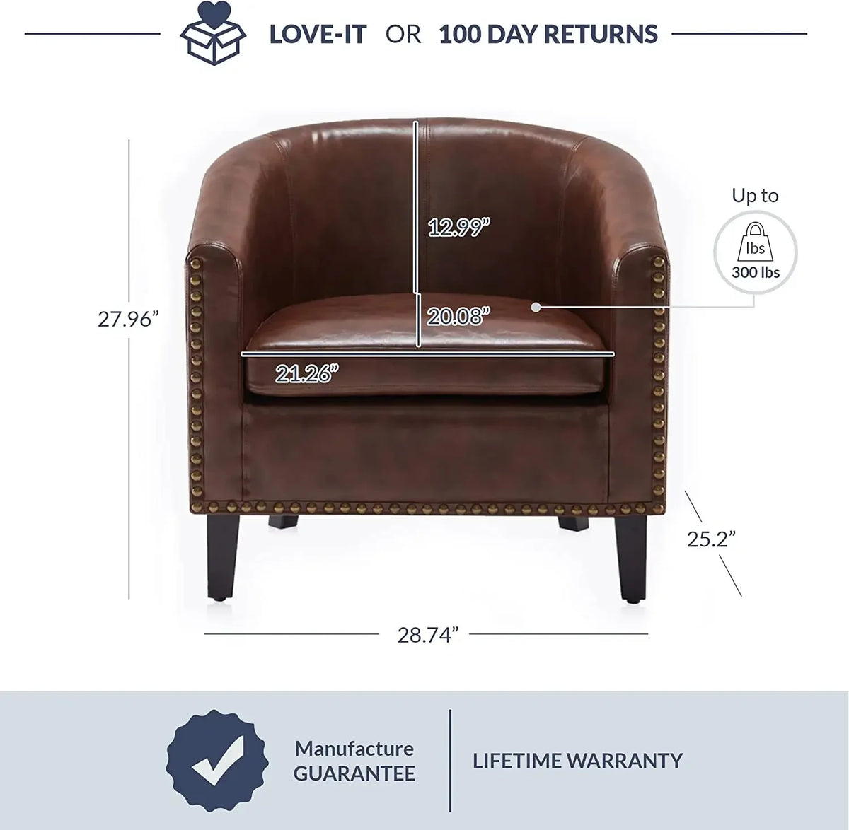 Modern Tub Club Chair Upholstered Armchair for Living Room Faux Leather Chair with Gold Nail Head Trim Black Legs