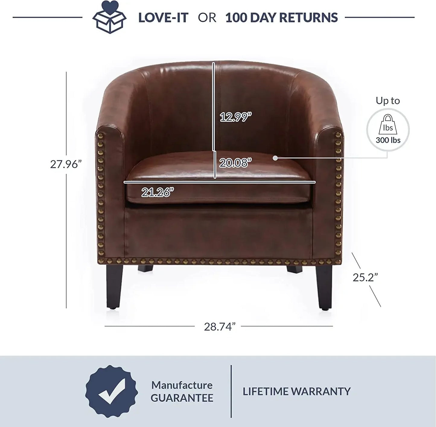 Modern Tub Club Chair Upholstered Armchair for Living Room Faux Leather Chair with Gold Nail Head Trim Black Legs