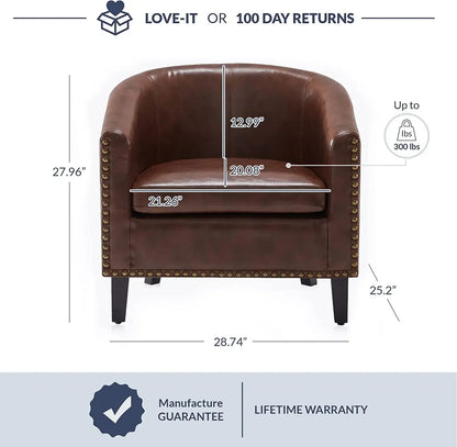 Modern Tub Club Chair Upholstered Armchair for Living Room Faux Leather Chair with Gold Nail Head Trim Black Legs