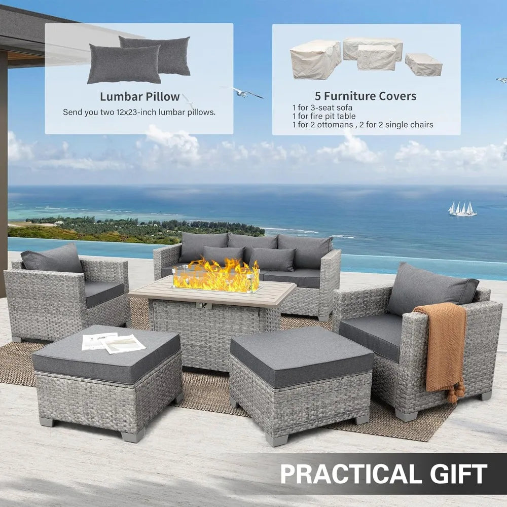 Patio Furniture Set 6 Piece Grey Wicker Outdoor Furniture Patio Sectional Sofa Couch PE Rattan Conversation Sets with Fire Pit