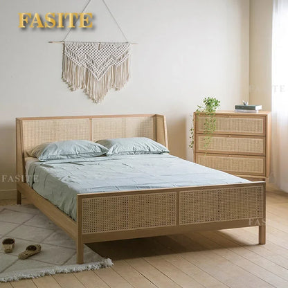 Vine Weaving Bed Japanese Solid Wood Bed Small Family Homestay White Wax Wood Main Bedding 1.51.8m Household Simple Vine Art Bed