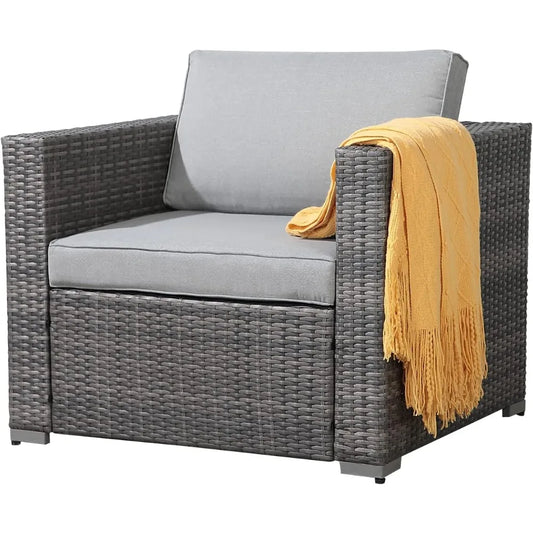 All-Weather Grey PE Wicker Outdoor Single Sofa, Weather-Resistant Patio Armchair, Sectional Sofa with Additional Chair for Patio