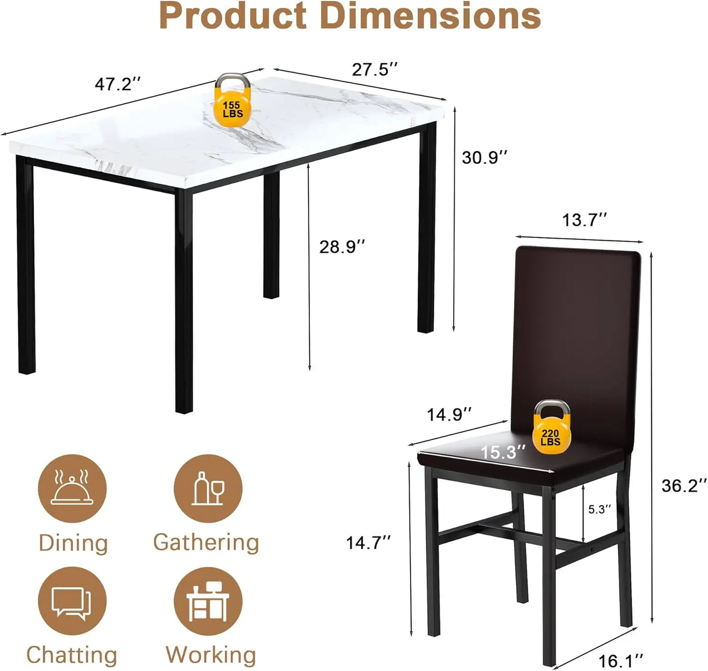 Dining Table Set for 4, Modern Kitchen & Dining Room Sets Faux Marble Table with 4 Leather Chairs for Small Space, Home Kitchen
