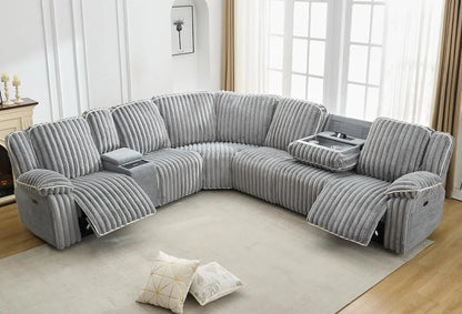 6 - Seater Power Reclining Living Room Sectional Sofa with Wireless Charger, Plush Faux Fur Couch with 2 Recliner