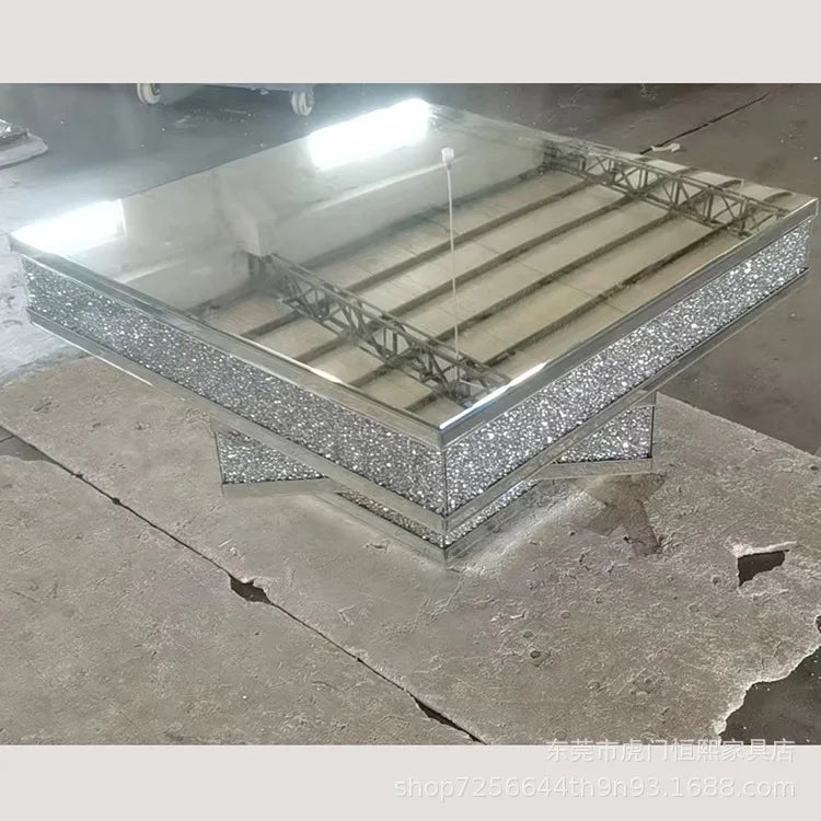 2024 hot sale modern light luxury rose gold 3D three-dimensional mirror rhinestone glass living room square coffee table corner