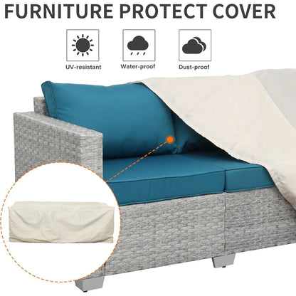 Outdoor Couch 3 Seater Wicker Patio Sofa Grey Rattan Deep Seat Balcony Furniture Porch Seating with Peacock Blue Cushion