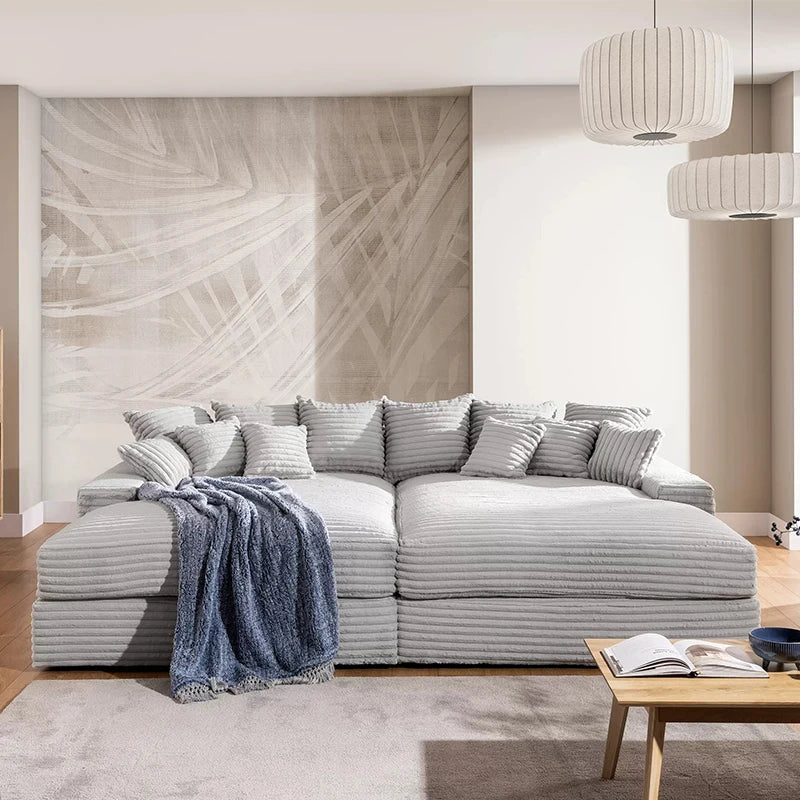 Wide Deep Seat Oversized Loveseat Chaise Compressed Sofa Bed, Fluffy Corduroy Upholstered Cloud Couch Living Room Sofas