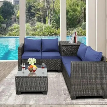 Outdoor Wicker Patio Furniture Set: Rattan Sectional Loveseat, Sofa with Storage Box, and Glass Top Table