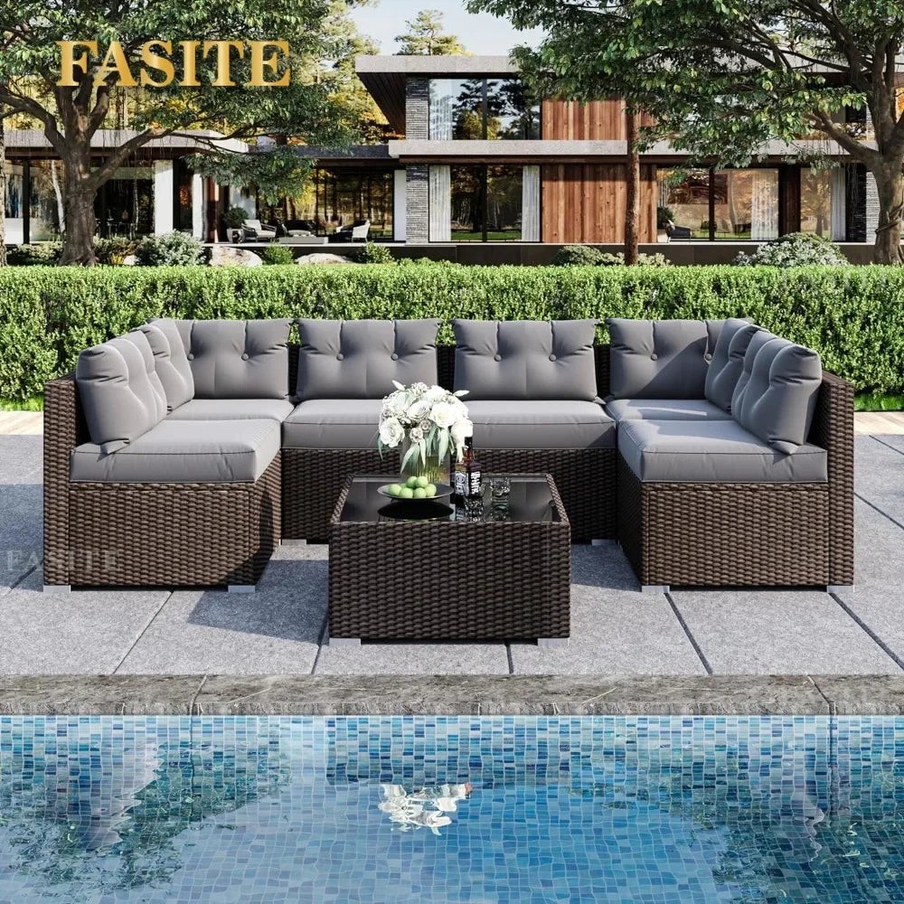 7 Pieces Patio Sofa Set Outdoor Furniture Sectional All-Weather Wicker Rattan with Back Cushions,Garden Sofa Conversation Grey