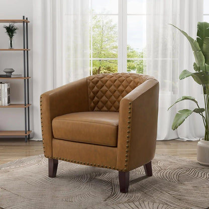 Pia Ricco Faux Leather Barrel Accent Chair, Modern Club Arm Chair Comfy Upholstered Single Sofa Chair with Solid Wood Legs and N