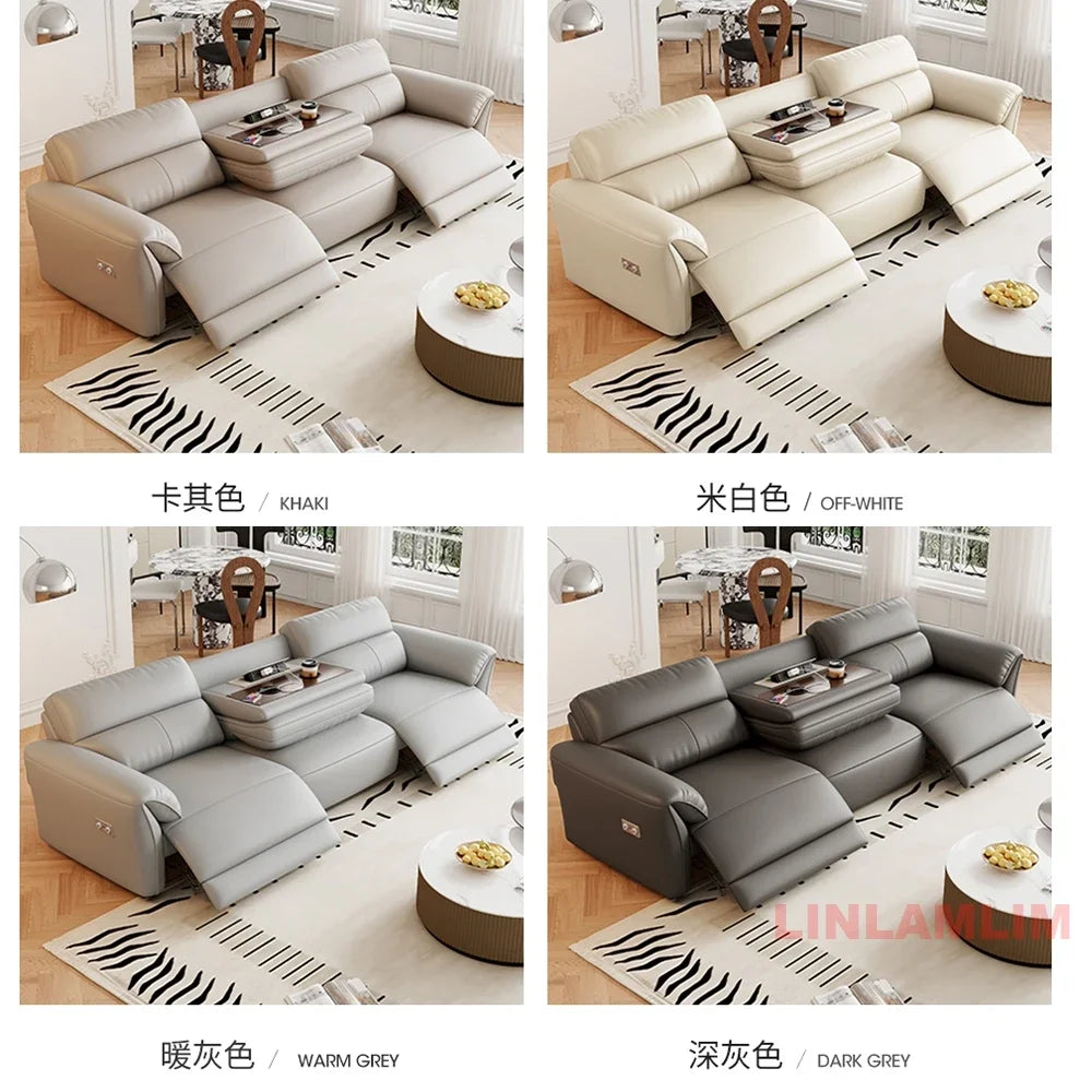 MINGDIBAO Modern Recliner Sofa with Hidden Foldable Tray Table and USB – Italian Genuine Leather Sectional Couch for Living Room