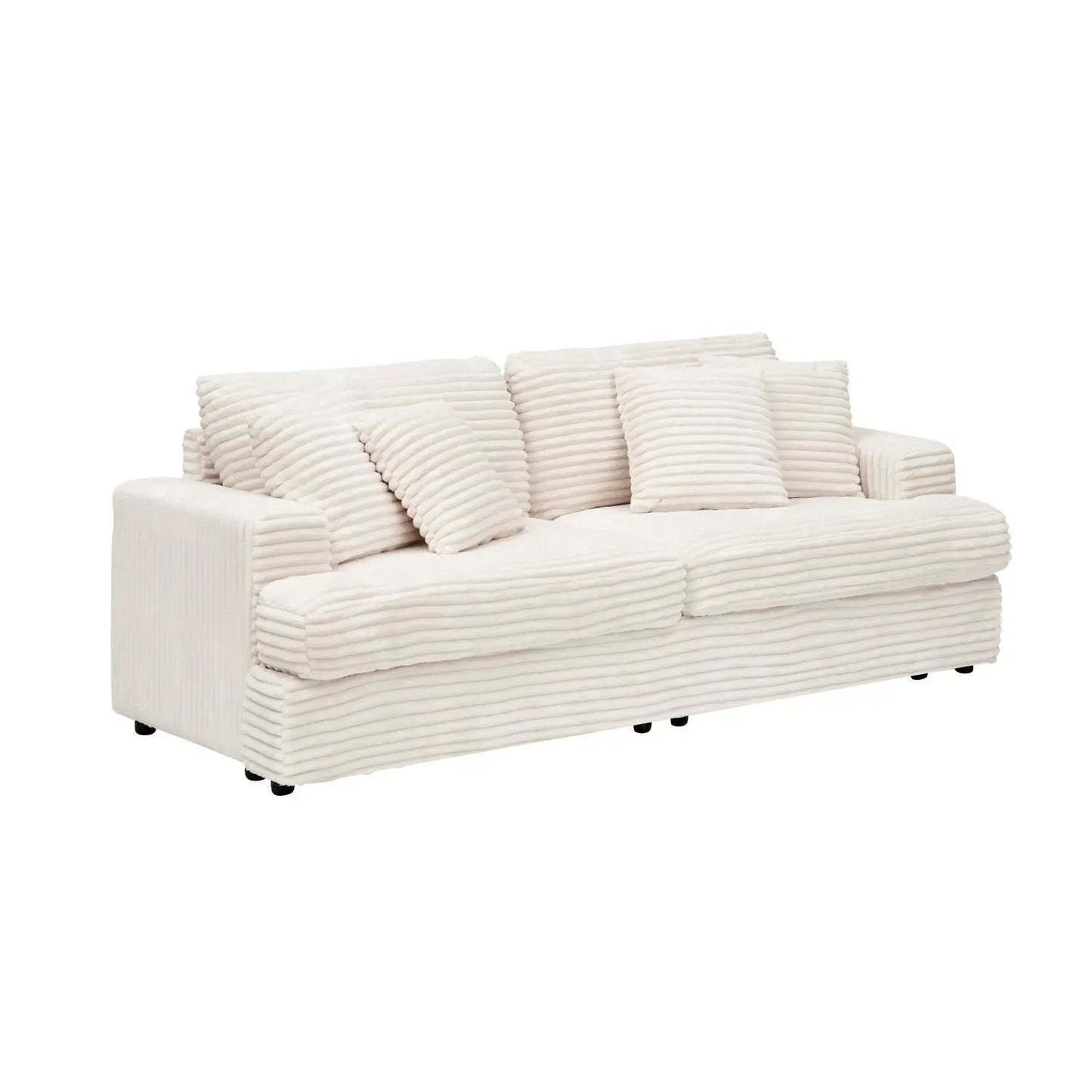 88.58\" White Corduroy 3-Seat Modern Living Room Sofa Spacious & Comfortable with 4 Elegant White Throw Pillows