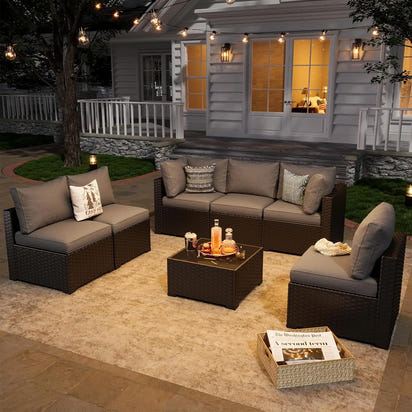 7 Piece Patio Furniture Set Wicker Rattan Patio Sectional Sofa Set Outdoor Seating Furniture with ThickenedCushion, Grey