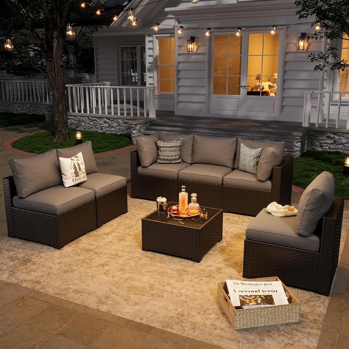 7 Piece Patio Furniture Set Wicker Rattan Patio Sectional Sofa Set Outdoor Seating Furniture with ThickenedCushion, Grey