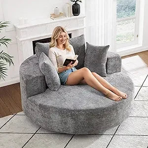 Oversized Round Swivel Chaise Longue Chair Indoor, Modern 55-inch 360 Degree Swivel Upholstered Chenille Deep Seat Circle Single