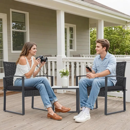 Patio Furniture Set, Outdoor Rattan Bistro Set with Coffee Table, Durable Steel Frame with Strapped Cushions for Garden, Balcony