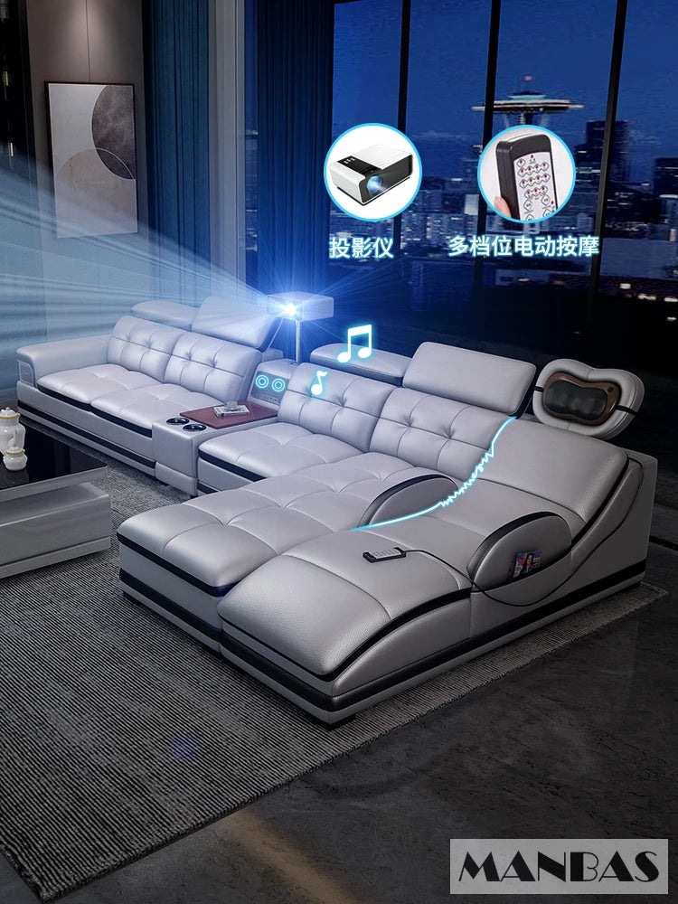 Linlamlim Luxury Genuine Leather Sectional Sofa with Adjustable Headrests, Projector, Speaker and Storage for Living Room Couch