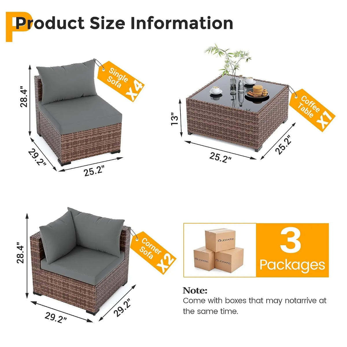 Furniture Set, 7 Piece Sectional Sofas with Wicker Coffee Table, Conversation for Garden, Backyard, Dark Grey, Customized