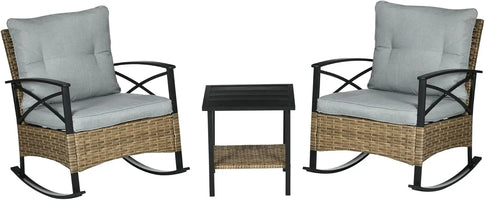 3 Piece Patio Rocking Chair Set, Outdoor Wicker Bistro Set with 2 Cushioned Porch Rockers and 2 Tier Coffee Table for Garden, Po