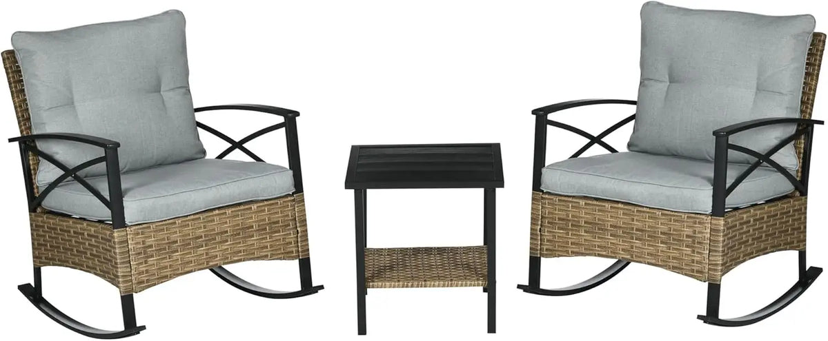 3 Piece Patio Rocking Chair Set, Outdoor Wicker Bistro Set with 2 Cushioned Porch Rockers and 2 Tier Coffee Table for Garden, Po