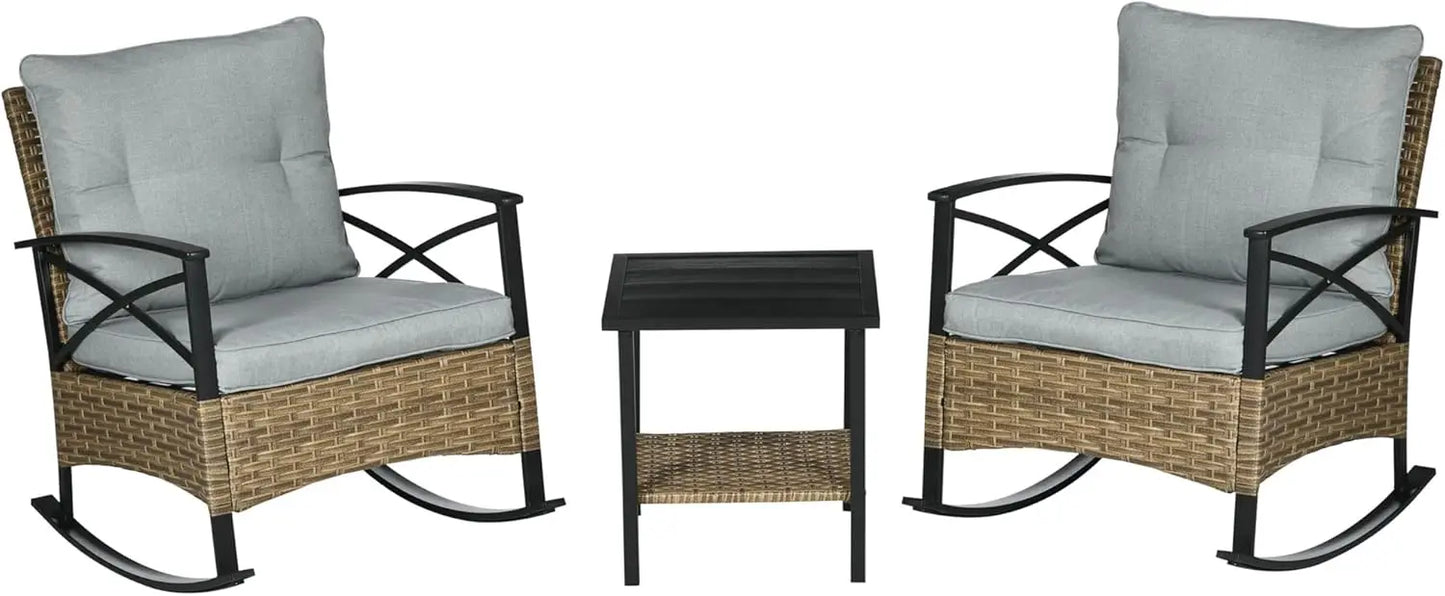 3 Piece Patio Rocking Chair Set, Outdoor Wicker Bistro Set with 2 Cushioned Porch Rockers and 2 Tier Coffee Table for Garden, Po