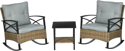 3 Piece Patio Rocking Chair Set, Outdoor Wicker Bistro Set with 2 Cushioned Porch Rockers and 2 Tier Coffee Table for Garden, Po